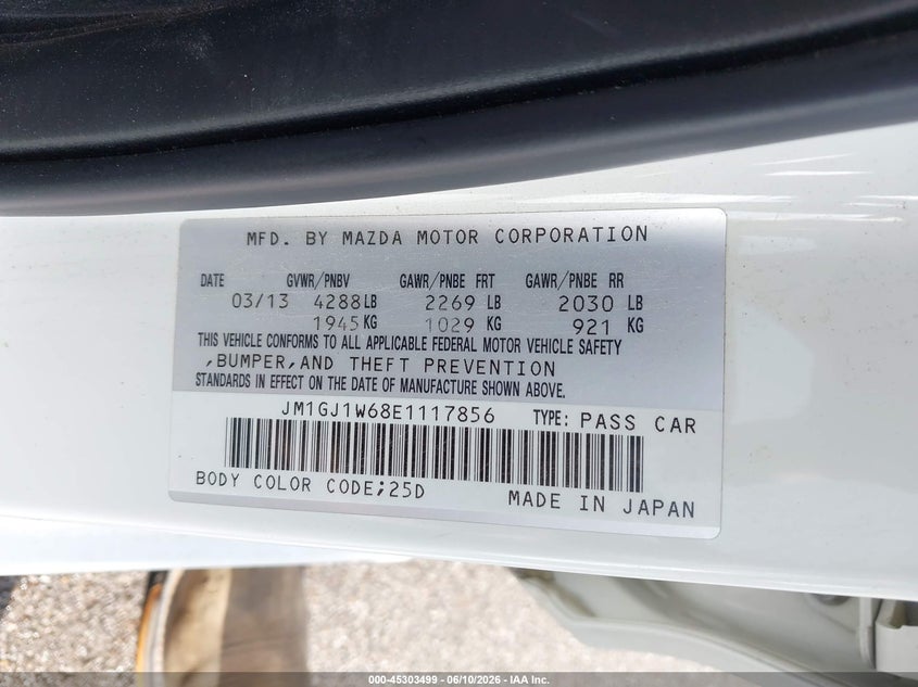 2014 Mazda 6 VIN JM1GJ1W68E1117856 IAAI salvage auction — SIDE, Salvage Title, sold $3,750 on 2026-08-01 (photo 9)