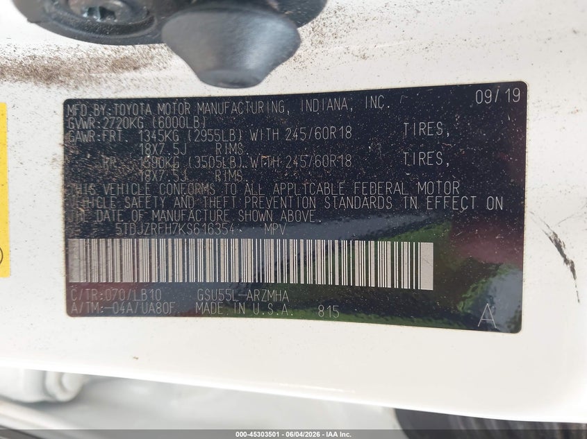 2019 Toyota Highlander VIN 5TDJZRFH7KS616354 IAAI salvage auction — FRONT END, Salvage Title, sold $8,850 on 2026-07-16 (photo 9)
