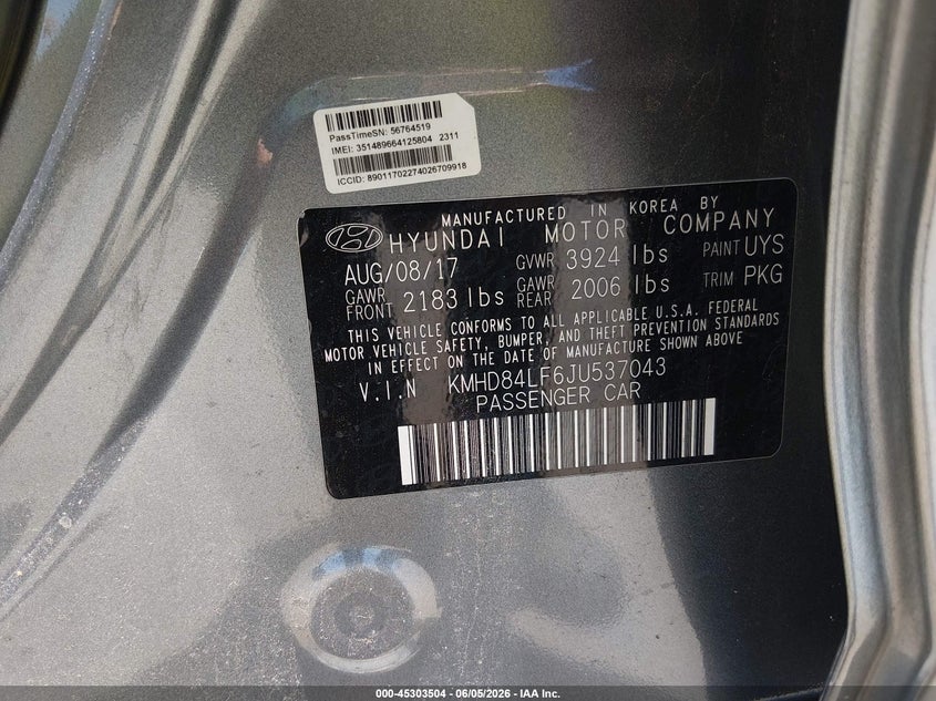2018 Hyundai Elantra VIN KMHD84LF6JU537043 IAAI salvage auction — FRONT & REAR, Salvage Title, sold $1,675 on 2026-07-20 (photo 9)