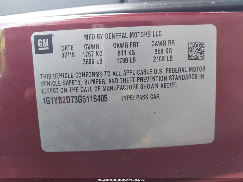 2016 Chevrolet Corvette VIN 1G1YB2D73G5118405 IAAI salvage auction — FRONT END, Salvage Title, sold $4,250 on 2026-07-09 (photo 9)