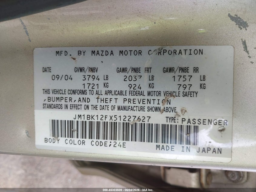 2005 Mazda 3 VIN JM1BK12FX51227627 IAAI salvage auction — NORMAL WEAR, Clear (Hawaii), sold $25 on 2026-07-21 (photo 9)