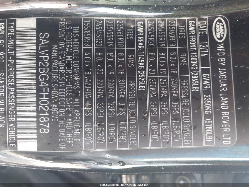 2015 Land rover Range rover evoque VIN SALVP2BG4FH021878 IAAI salvage auction — FRONT END, Clear (Arkansas), sold $725 on 2026-07-29 (photo 9)