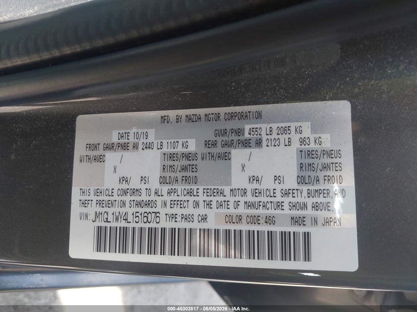 2020 Mazda 6 VIN JM1GL1WY4L1516076 IAAI salvage auction — RIGHT SIDE, Salvage Title, sold $4,050 on 2026-07-07 (photo 9)