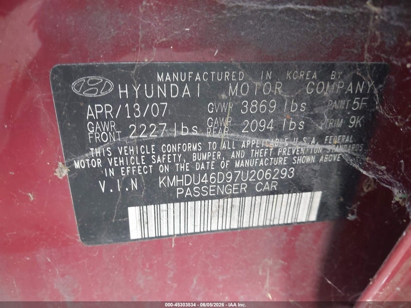 2007 Hyundai Elantra VIN KMHDU46D97U206293 IAAI salvage auction — NORMAL WEAR, Clear (Pennsylvania), sold $175 on 2026-07-28 (photo 9)
