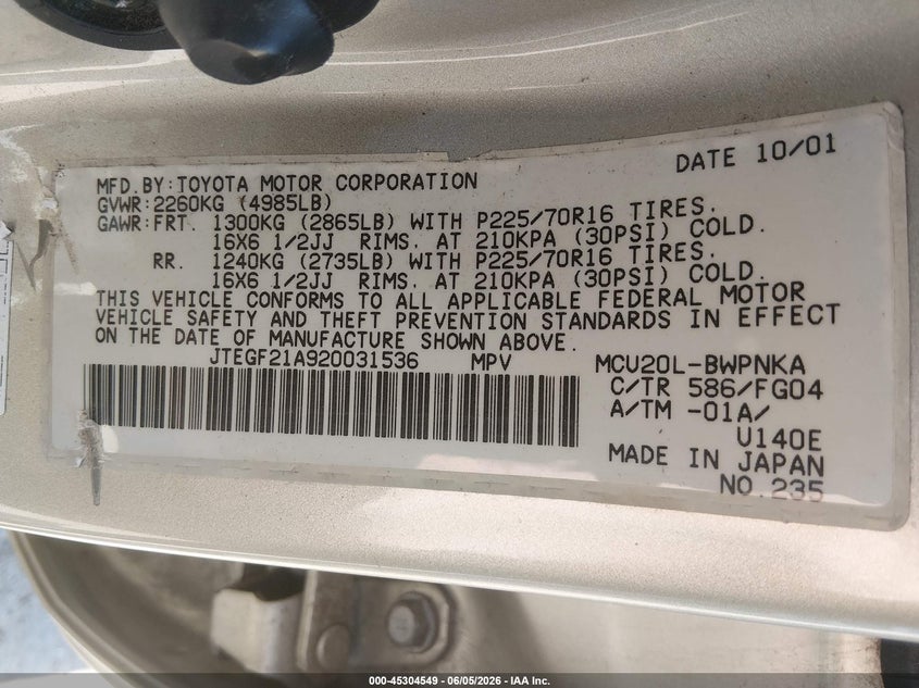 2002 Toyota Highlander VIN JTEGF21A920031536 IAAI salvage auction — NORMAL WEAR, App For Dup Clear (California), sold $350 on 2026-07-08 (photo 9)