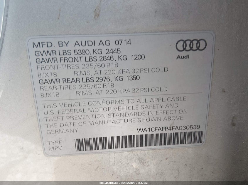 2015 Audi Q5 VIN WA1CFAFP4FA030539 IAAI salvage auction — RIGHT FRONT, Salvage (South Carolina), sold $1,000 on 2026-07-28 (photo 9)
