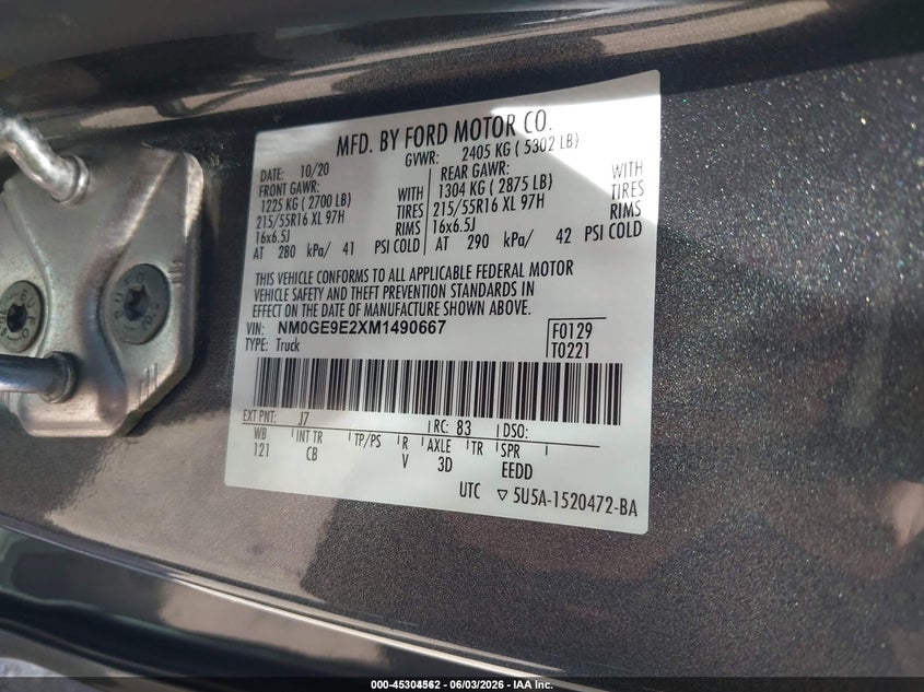 2021 Ford Transit connect VIN NM0GE9E2XM1490667 IAAI salvage auction — NORMAL WEAR, Sf97 (Indiana), sold $7,850 on 2026-07-20 (photo 9)