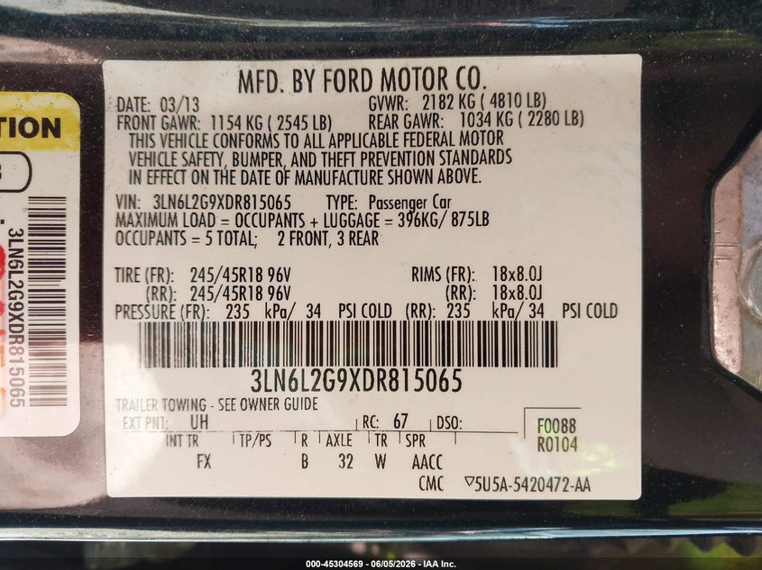2013 Lincoln Mkz VIN 3LN6L2G9XDR815065 IAAI salvage auction — LEFT FRONT, Salvage Title, sold $500 on 2026-07-23 (photo 9)