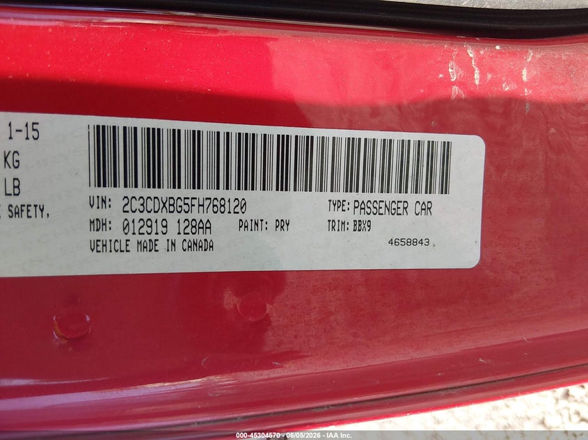 2015 Dodge Charger VIN 2C3CDXBG5FH768120 IAAI salvage auction — FRONT END, Salvage Title, sold $2,100 on 2026-09-28 (photo 9)