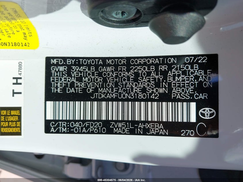 2022 Toyota Prius VIN JTDKAMFU0N3180142 IAAI salvage auction — FRONT END, Salvage Title, sold $3,825 on 2026-07-28 (photo 9)