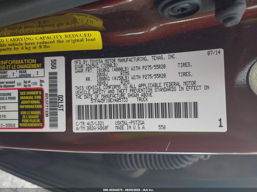 2014 Toyota Tundra VIN 5TFAW5F18EX405733 IAAI salvage auction — HAIL, Salvage Title, sold $12,100 on 2026-07-21 (photo 9)