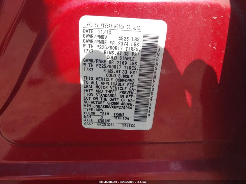 2011 Nissan Rogue VIN JN8AS5MVXBW279060 IAAI salvage auction — RIGHT REAR, Salvage (Massachusetts), sold $400 on 2026-07-10 (photo 9)
