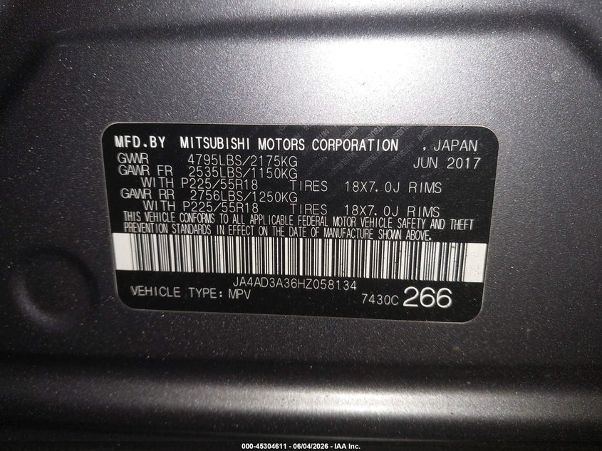 2017 Mitsubishi Outlander VIN JA4AD3A36HZ058134 IAAI salvage auction — REAR END, Salvage Title, sold $2,325 on 2026-07-20 (photo 9)