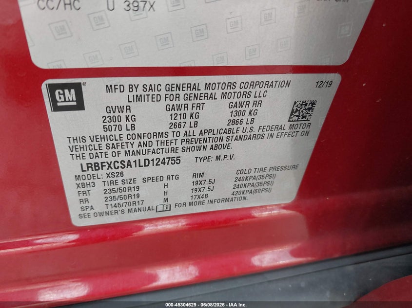2020 Buick Envision VIN LRBFXCSA1LD124755 IAAI salvage auction — FRONT END, Salvage (Illinois), sold $2,700 on 2026-07-29 (photo 9)