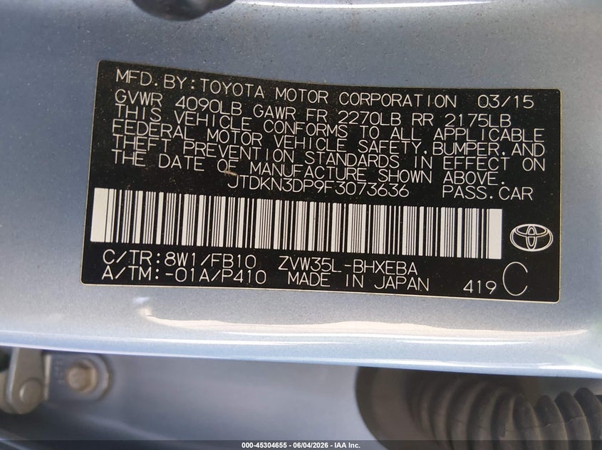 2015 Toyota Prius VIN JTDKN3DP9F3073636 IAAI salvage auction — FRONT END, Salvage Title, sold $3,550 on 2026-07-11 (photo 9)