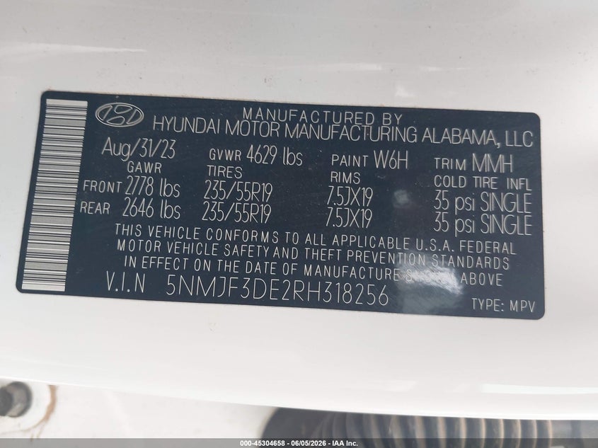 2024 Hyundai Tucson VIN 5NMJF3DE2RH318256 IAAI salvage auction — FRONT END, Original (Texas), sold $7,750 on 2026-08-26 (photo 9)