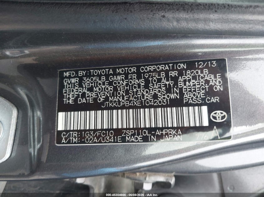 2014 Scion Xd VIN JTKKUPB4XE1042031 IAAI salvage auction — FRONT & REAR, Salvage Title, sold $2,150 on 2026-07-08 (photo 9)