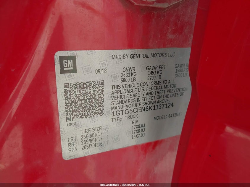 2019 Gmc Canyon VIN 1GTG5CEN6K1137124 IAAI salvage auction — FRONT END, Salvage Title, sold $2,000 on 2026-07-09 (photo 9)