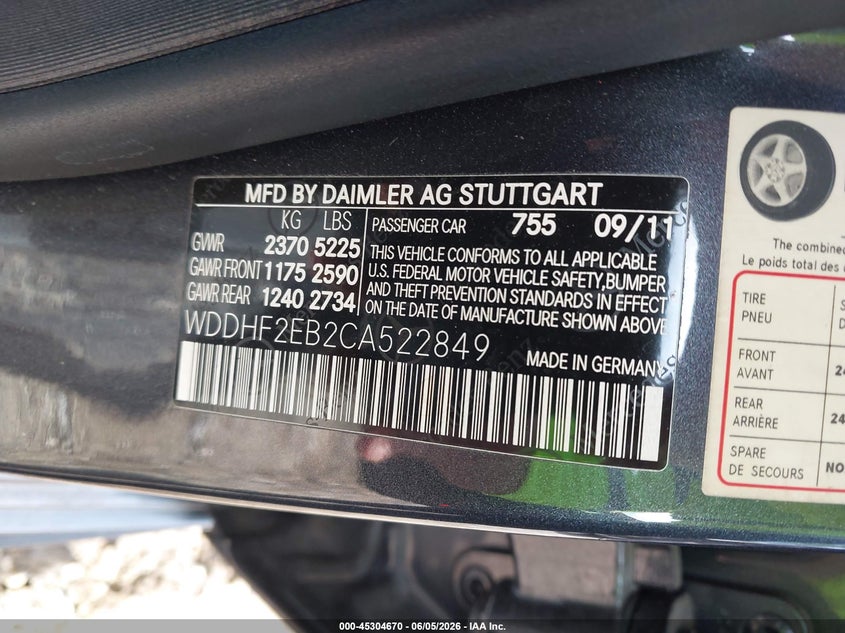 2012 Mercedes-benz VIN WDDHF2EB2CA522849 IAAI salvage auction — REAR END, Salvage Title, sold $1,650 on 2026-07-19 (photo 9)