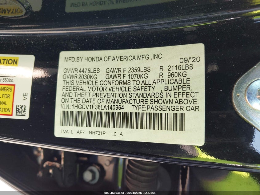 2020 Honda Accord VIN 1HGCV1F36LA140964 IAAI salvage auction — FRONT END, Salvage Title, sold $3,300 on 2026-07-09 (photo 9)