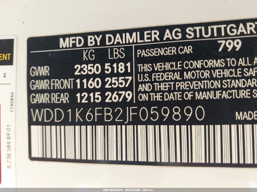 2018 Mercedes-benz E-klasse VIN WDD1K6FB2JF059890 IAAI salvage auction — FRONT END, Salvage (North Carolina), sold $15,200 on 2026-07-19 (photo 9)