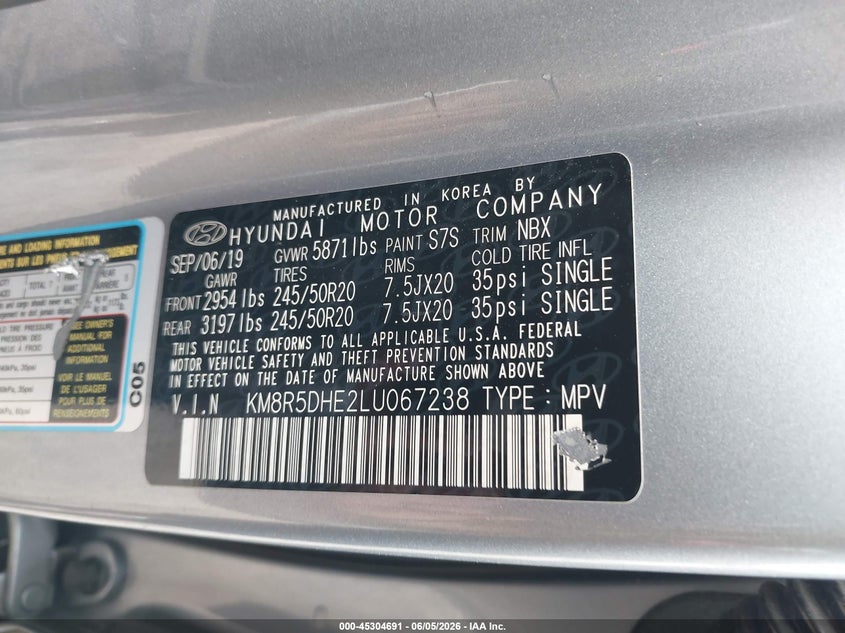 2020 Hyundai Palisade VIN KM8R5DHE2LU067238 IAAI salvage auction — SIDE, Salvage Title, sold $7,200 on 2026-07-11 (photo 9)