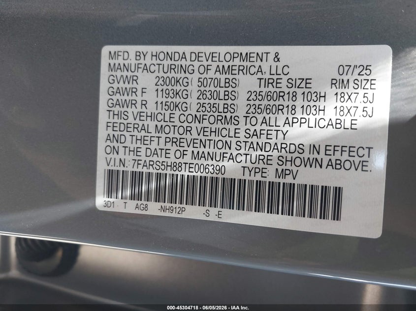 2026 Honda Cr-v VIN 7FARS5H88TE006390 IAAI salvage auction — RIGHT FRONT, Salvage Title, sold $12,900 on 2026-08-01 (photo 9)