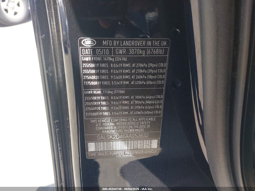 2010 Land rover Range rover sport VIN SALSK2D46AA253632 IAAI salvage auction — FRONT END, Salvage (California), sold $1,700 on 2026-07-14 (photo 9)