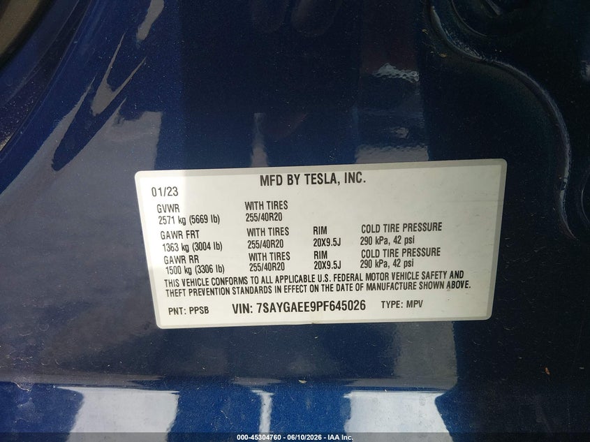 2023 Tesla Model y VIN 7SAYGAEE9PF645026 IAAI salvage auction — RIGHT FRONT, Salvage (New Jersey), sold $15,600 on 2026-07-30 (photo 9)