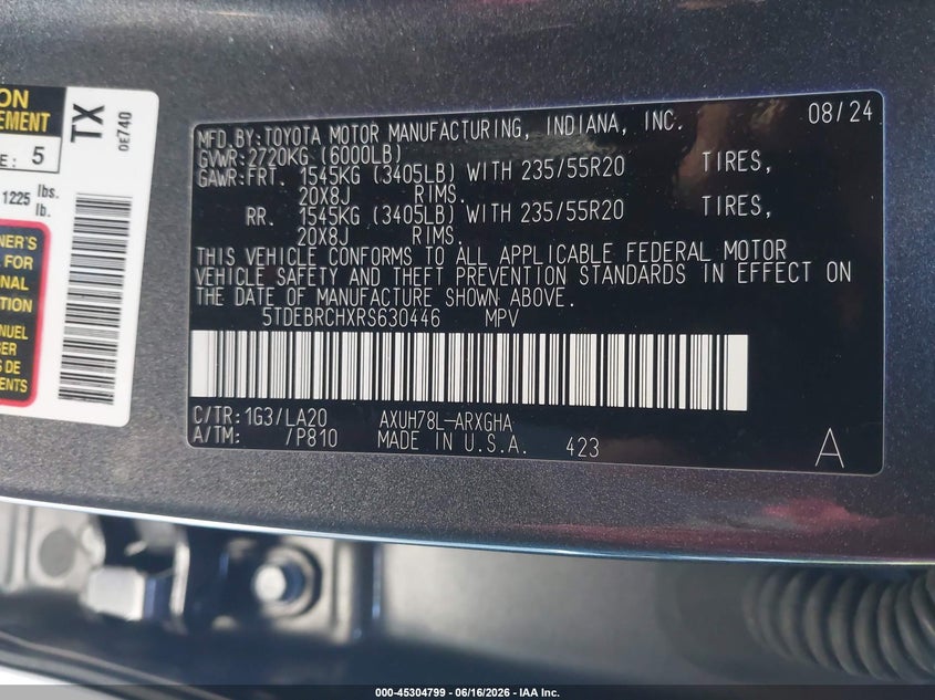 2024 Toyota Highlander VIN 5TDEBRCHXRS630446 IAAI salvage auction — ROOF, Salvage Title, sold $25 on 2026-07-30 (photo 9)