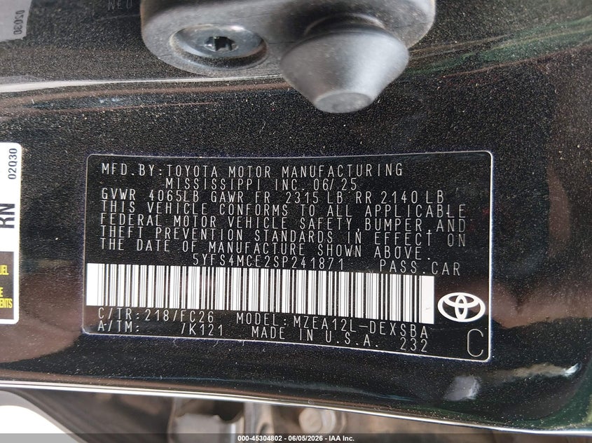 2025 Toyota Corolla VIN 5YFS4MCE2SP241871 IAAI salvage auction — LEFT FRONT, Salvage Title, sold $10,600 on 2026-07-31 (photo 9)