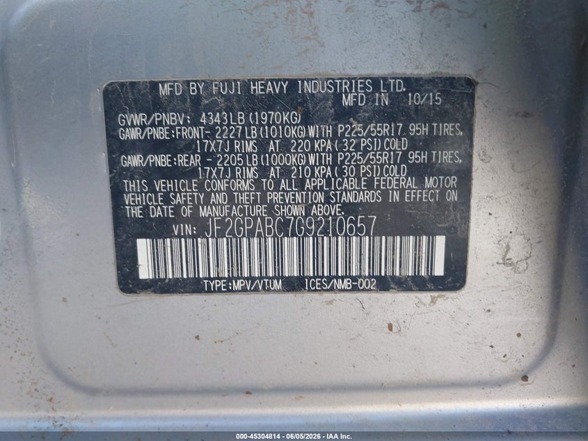 2016 Subaru Xv VIN JF2GPABC7G9210657 IAAI salvage auction — ROLLOVER, Salvage Title, sold $700 on 2026-07-13 (photo 9)