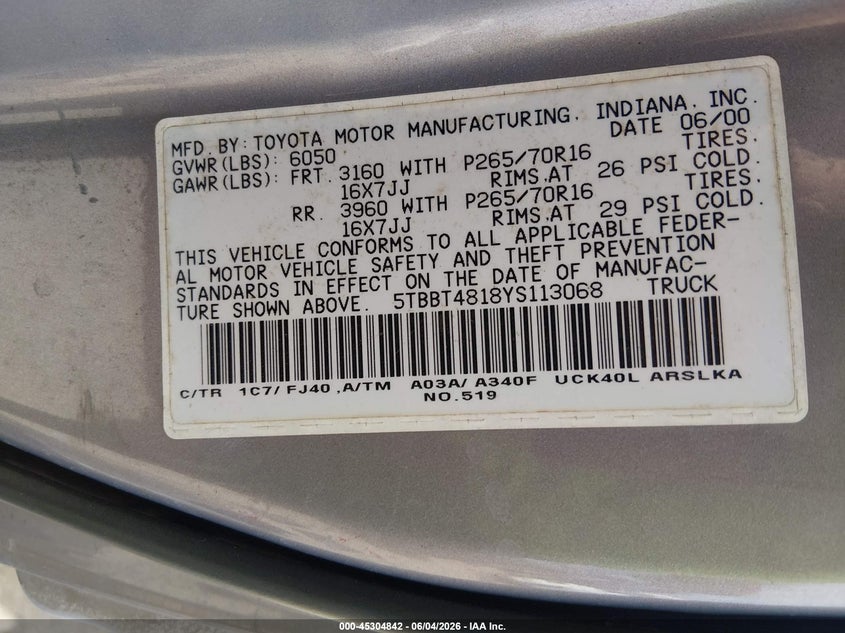 2000 Toyota Tundra VIN 5TBBT4818YS113068 IAAI salvage auction — LEFT FRONT, Salvage (Louisiana), sold $2,250 on 2026-07-15 (photo 9)