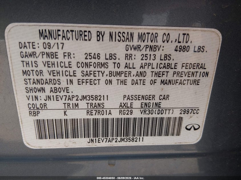 2018 Infiniti Q50 VIN JN1EV7AP2JM358211 IAAI salvage auction — FRONT END, Salvage (Mississippi), sold $1,500 on 2026-07-30 (photo 9)