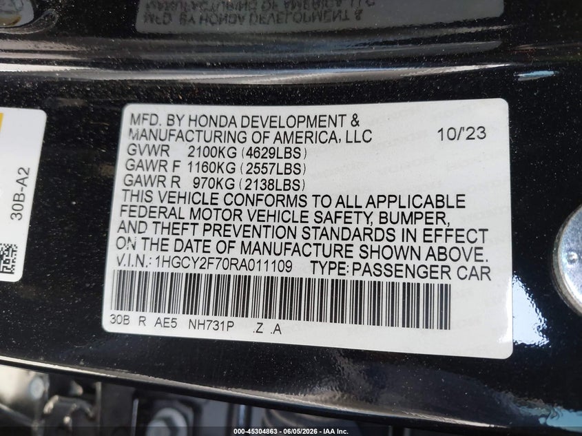 2024 Honda Accord VIN 1HGCY2F70RA011109 IAAI salvage auction — REAR END, Salvage (California), sold $11,000 on 2026-07-30 (photo 9)