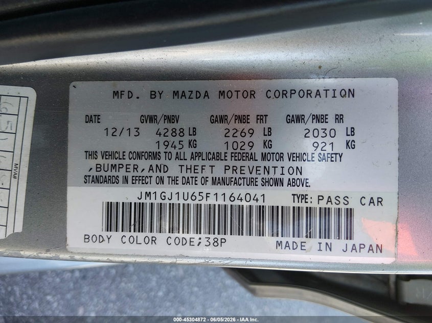 2015 Mazda 6 VIN JM1GJ1U65F1164041 IAAI salvage auction — RIGHT SIDE, Salvage Title, sold $1,250 on 2026-07-22 (photo 9)