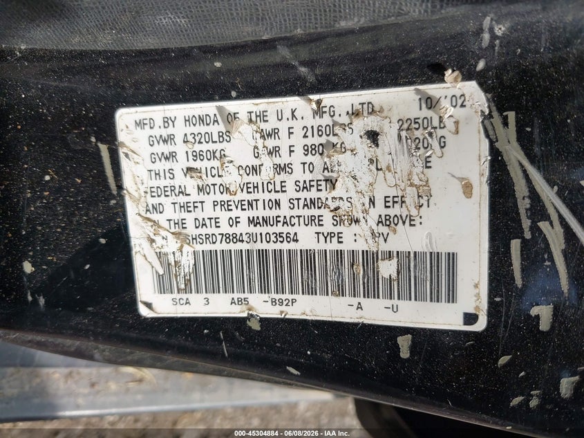 2003 Honda Cr-v VIN SHSRD78843U103564 IAAI salvage auction — REAR END, Salvage (Ohio), sold $375 on 2026-07-08 (photo 9)
