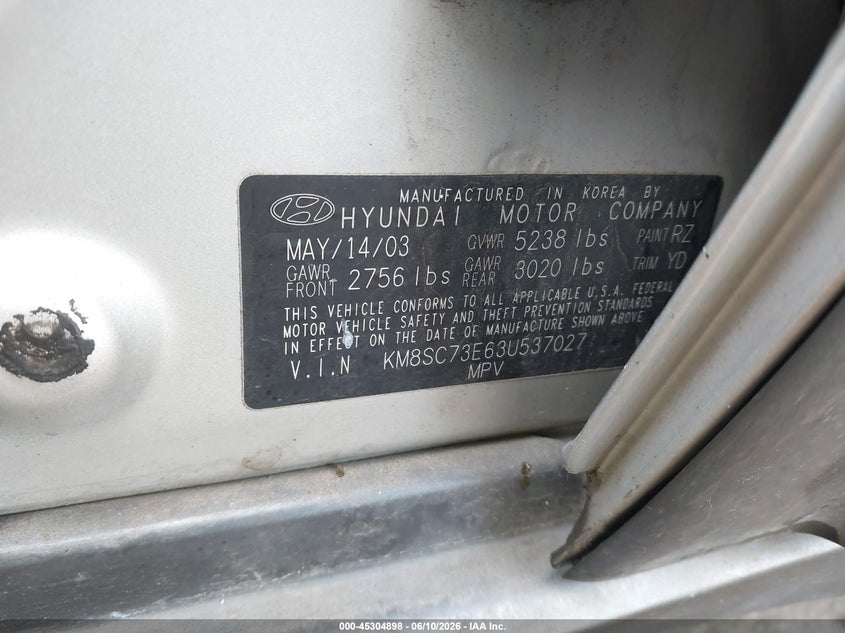 2003 Hyundai Santa fe VIN KM8SC73E63U537027 IAAI salvage auction — LEFT FRONT, Bill Of Sale (Washington), sold $100 on 2026-07-07 (photo 9)