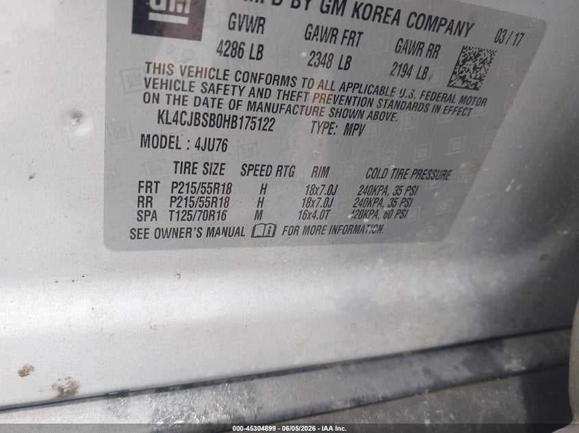 2017 Buick Encore VIN KL4CJBSB0HB175122 IAAI salvage auction — RIGHT SIDE, Salvage Title, sold $1,500 on 2026-07-15 (photo 9)
