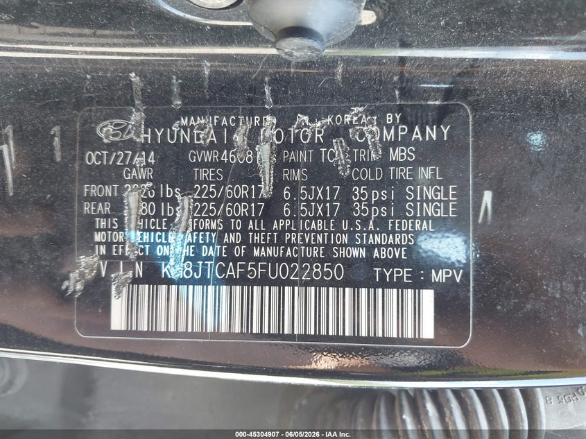 2015 Hyundai Tucson VIN KM8JTCAF5FU022850 IAAI salvage auction — BIOHAZARD/CHEMICAL, Salvage Title, sold $1,125 on 2026-07-07 (photo 9)