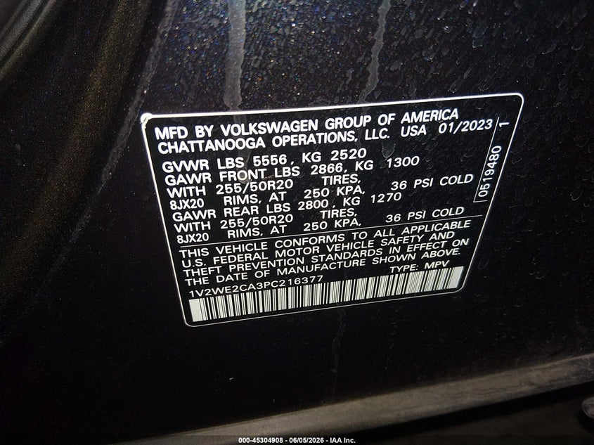 2023 Volkswagen Atlas cross sport VIN 1V2WE2CA3PC216377 IAAI salvage auction — SIDE, Salvage Title, sold $7,500 on 2026-07-14 (photo 9)