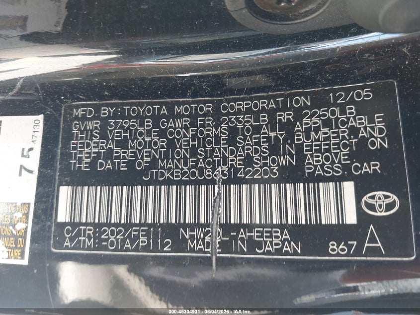 2006 Toyota Prius VIN JTDKB20U863142203 IAAI salvage auction — LEFT SIDE, Salvage (California), sold $575 on 2026-07-13 (photo 9)