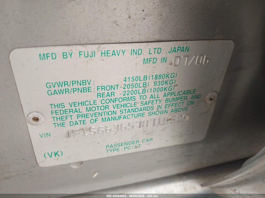 2007 Subaru Forester VIN JF1SG63657H716529 IAAI salvage auction — NORMAL WEAR, Clear - Dealer Only (California), sold $700 on 2026-07-15 (photo 9)