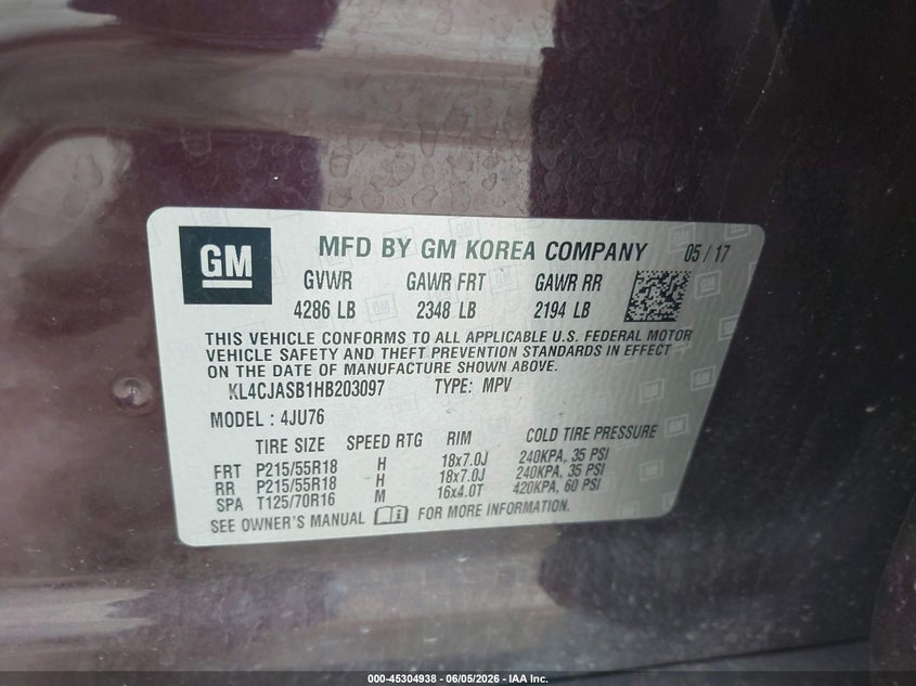 2017 Buick Encore VIN KL4CJASB1HB203097 IAAI salvage auction — FRONT END, Salvage Title, sold $2,475 on 2026-07-15 (photo 9)