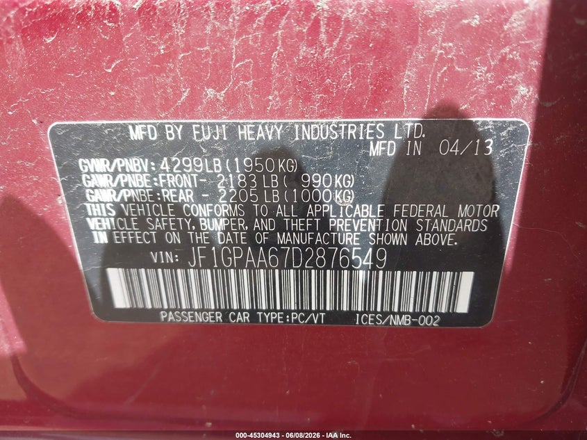 2013 Subaru Impreza VIN JF1GPAA67D2876549 IAAI salvage auction — LEFT REAR, Salvage Title, sold $400 on 2026-07-09 (photo 9)