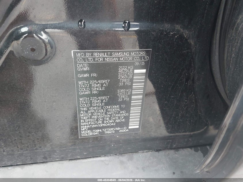 2016 Nissan Rogue VIN KNMAT2MV1GP604042 IAAI salvage auction — FRONT END, Salvage Title, sold $900 on 2026-07-22 (photo 9)