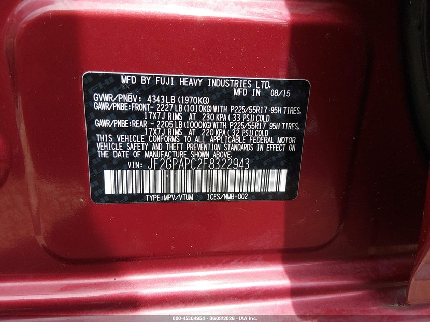 2015 Subaru Xv VIN JF2GPAPC2F8322943 IAAI salvage auction — FRONT END, Salvage Title, sold $1,225 on 2026-07-14 (photo 9)