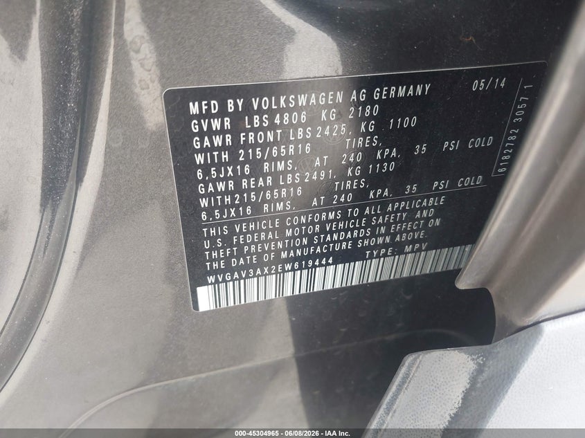2014 Volkswagen Tiguan VIN WVGAV3AX2EW619444 IAAI salvage auction — HAIL, Salvage Title, sold $825 on 2026-07-10 (photo 9)