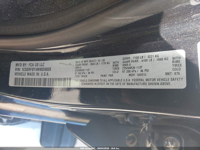 2021 Ram 1500 VIN 1C6SRFBT4MN559608 IAAI salvage auction — RIGHT REAR, Salvage (Indiana), sold $10,800 on 2026-08-04 (photo 9)