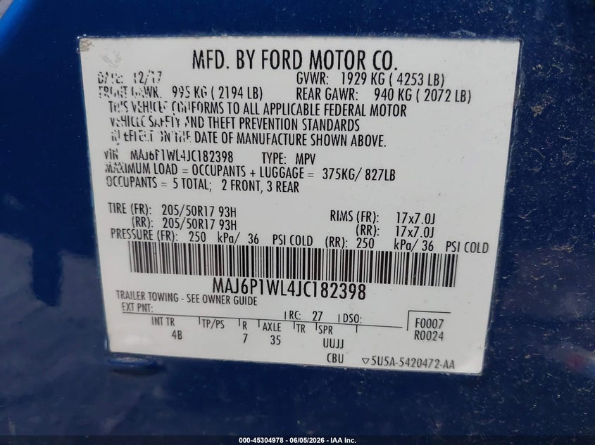 2018 Ford Ecosport VIN MAJ6P1WC4JC182398 IAAI salvage auction — FRONT END, Salvage Title, sold $1,100 on 2026-07-23 (photo 9)